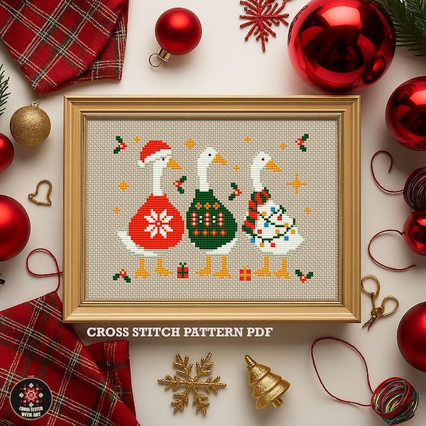 Trendy Christmas Geese Cross Stitch Pattern PDF, Funny Holiday Goose Embroidery Chart, Festive Winter Decor, Ugly Sweater, Farm Animal