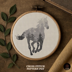 Horse and Forest Cross Stitch Pattern, Scandinavian Animal Embroidery (PDF) image 1
