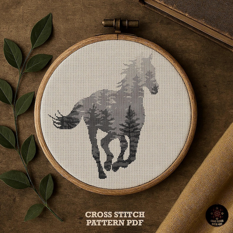 Horse and Forest Cross Stitch Pattern, Scandinavian Animal Embroidery (PDF) image 1