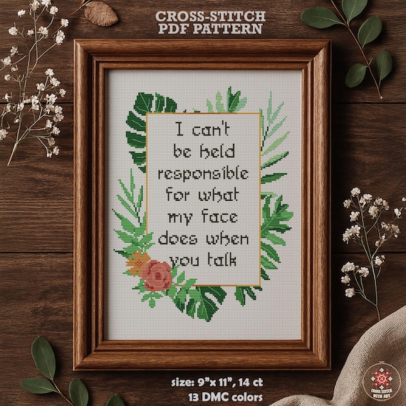 Snarky Sarcastic Cross Stitch Pattern PDF, Funny Face Expression Quote. Rude Home Decor (PDF)