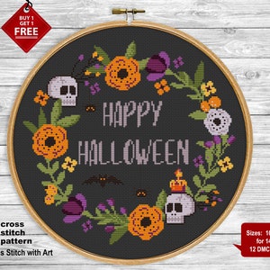 Happy Halloween cross stitch pattern. Sassy cross stitch PDF. Modern cross stitch. Flower wreath. Easy counted xstitch. Halloween embroidery