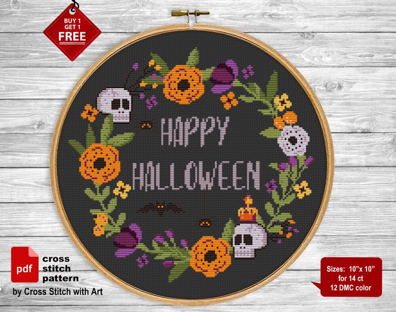 Happy Halloween cross stitch pattern. Sassy cross stitch PDF. Modern cross stitch. Flower wreath. Easy counted xstitch. Halloween embroidery image 1