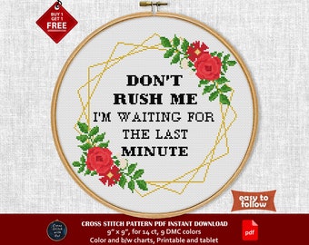 Don't Rush Me I'm Waiting For The Last Minute. Funny cross stitch pattern PDF instant download. Modern snarky cross stitch. Sarcastic quote