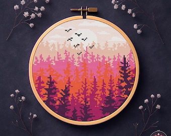 Pink Forest Landscape Cross Stitch Pattern, Modern Nature Tree Embroidery (PDF Download)