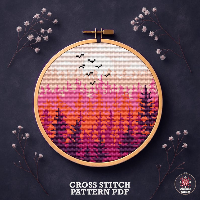 Pink Forest Landscape Cross Stitch Pattern, Modern Nature Tree ...