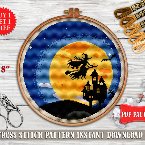 Halloween cross stitch pattern. Witch cross stitch PDF. Funny embroidery hoop art Haunted house cross stitch Moon counted cross stitch chart