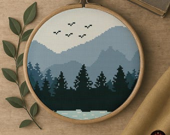 山林クロスステッチパターン、自然風景刺繍（PDFダウンロード） - Etsy
