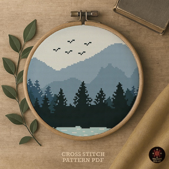 刺繍アート 山の風景 山林クロスステッチパターン、自然風景刺繍（PDFダウンロード） - Etsy