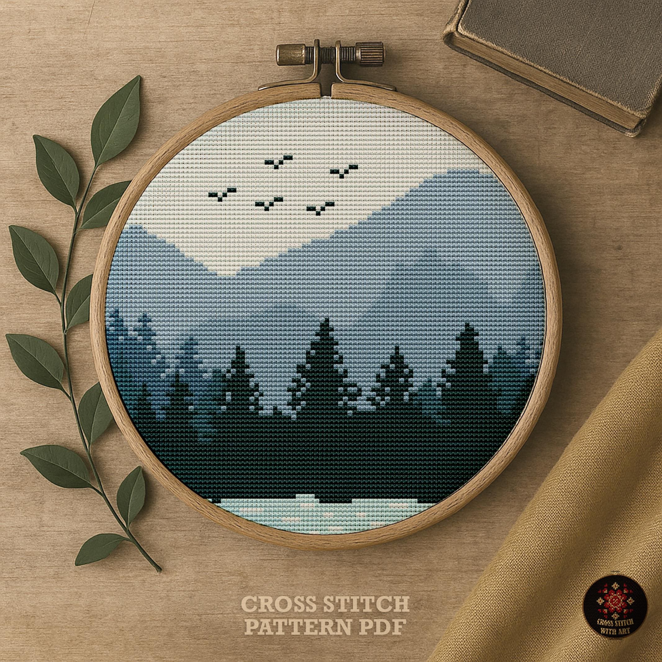山林クロスステッチパターン、自然風景刺繍（PDFダウンロード） - Etsy