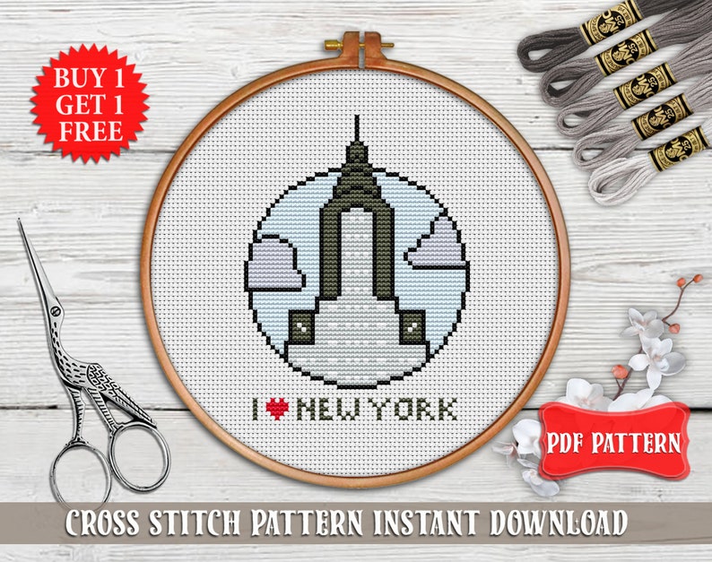 I love NYC cross stitch pattern for beginner, New York Landscape Modern cross stitch PDF Easy cross stitch chart Mosaic Cross stitch pattern image 1