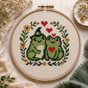 Modèle de point de croix Grenouilles amoureuses, broderie Cottagecore crapauds mignons (PDF)