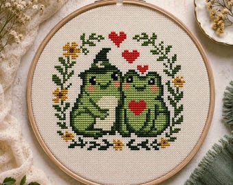 Frogs in Love Cross Stitch Pattern, Cute Toads Cottagecore Embroidery (PDF)