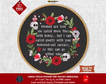 Catch More Flies With Honey cross stitch pattern. Funny, snarky cross-stitch PDF. Modern counted cross stitch. Sarcastic quote, Women sign