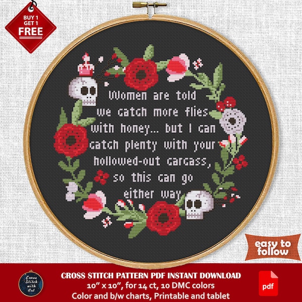 Catch More Flies With Honey cross stitch pattern. Funny, snarky cross-stitch PDF. Modern counted cross stitch. Sarcastic quote, Women sign