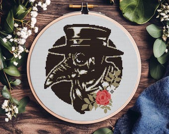 Plague Doctor Cross Stitch Pattern - Gothic Black Death Embroidery (PDF Chart Download)