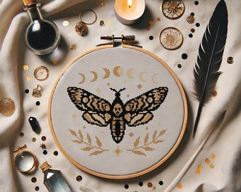 Moth & Moon Phases Cross Stitch Pattern, Deadhead Butterfly (PDF Pattern)