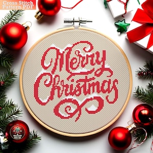 Merry Christmas Cross Stitch Pattern, Festive Holiday Decor (PDF)