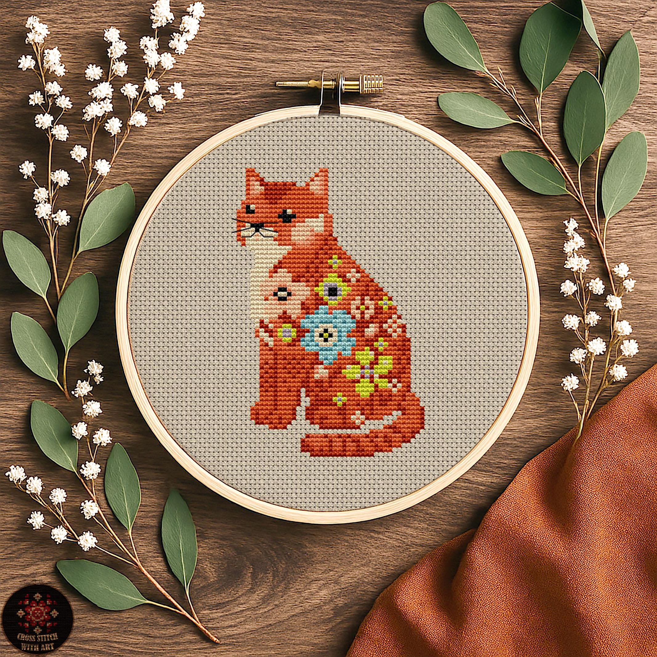 花柄猫のクロスステッチパターン - 初心者向け刺繍（PDFパターン