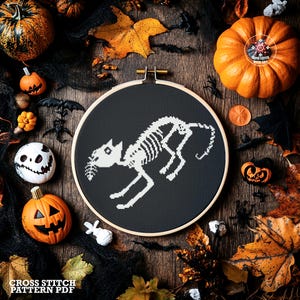 Skeleton Cat Cross-Stitch Pattern PDF. Funny Halloween Cross-Stitch Chart for Beginners. Spooky Season Cat Embroidery Design. Cat lover gift