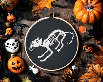 Patrón de punto de cruz de gato esqueleto: Divertido bordado de Halloween (patrón PDF)