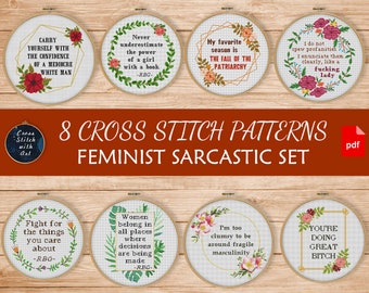 Snarky cross stitch patterns set. 8 Sarcastic cross stitch PDF. Rude cross stitch. Easy modern cross stitch. Feminist quote embroidery chart