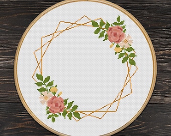 Roses Frame Cross Stitch Pattern, Floral Wreath Embroidery (PDF)