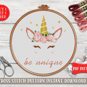 Unicorn cross stitch pattern. Myth animal cross stitch PDF. Be unique Easy cross stitch. Modern cross stitch. Nursery cross stitch beginner