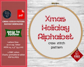 Xmas Cross stitch alphabet pattern. ABC cross stitch sampler. Font cross stitch PDF. Letter cross stitch Christmas Lettering hand embroidery