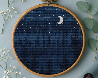 Night Forest Moon Stars Cross Stitch Pattern (PDF Download)
