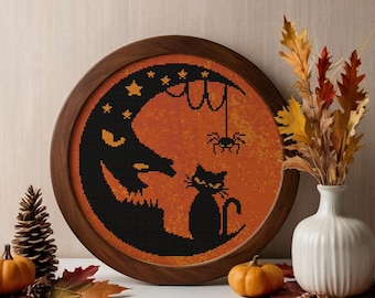 Halloween Black Cat Cross Stitch Pattern, Scary Moon Embroidery (PDF Download)