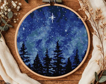山林クロスステッチパターン、自然風景刺繍（PDFダウンロード） - Etsy