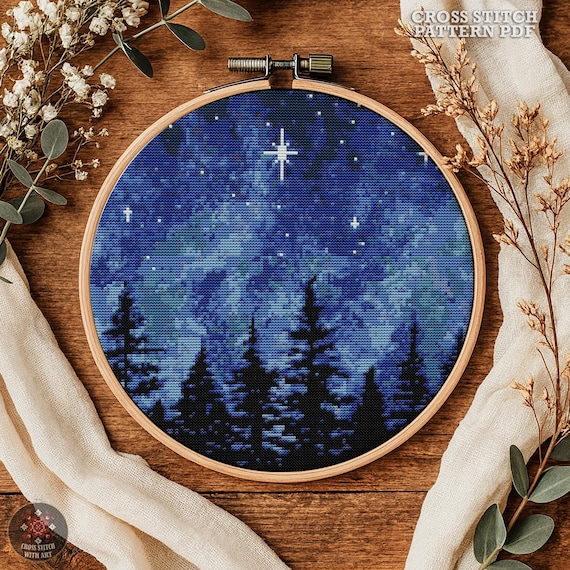 Night Forest Cross Stitch Pattern, Landscape Embroidery (PDF Download)