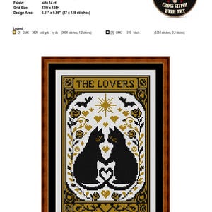 May include: Cross-stitch pattern titled "The Lovers Cats" featuring two black cat silhouettes forming a heart, surrounded by gold and floral elements. The design is framed in a wooden border, with the text "The Lovers" at the top.