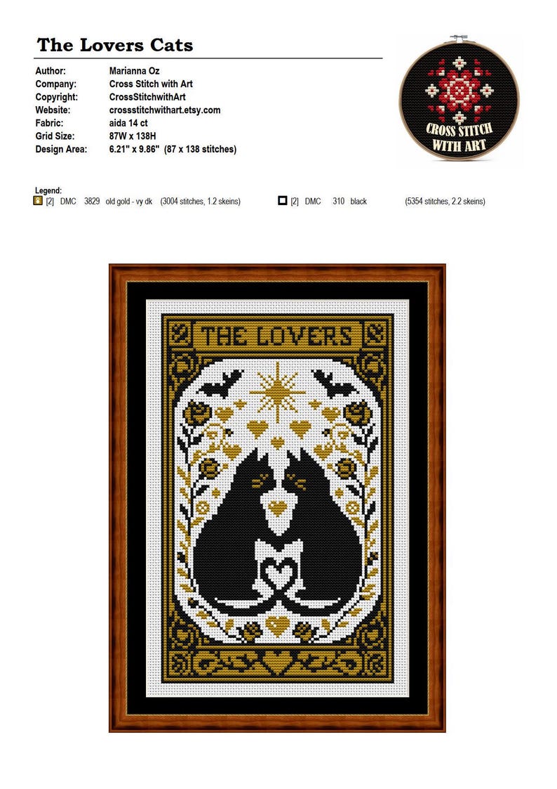 May include: Cross-stitch pattern titled "The Lovers Cats" featuring two black cat silhouettes forming a heart, surrounded by gold and floral elements. The design is framed in a wooden border, with the text "The Lovers" at the top.