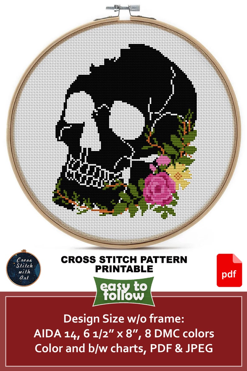 Floral Skull Cross Stitch Pattern, Funny Modern Design (PDF Pattern) - Etsy