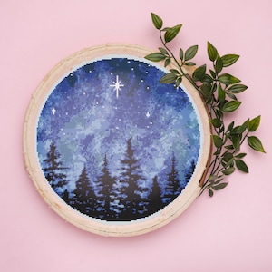 Night Forest Cross Stitch Pattern, Landscape Embroidery (PDF Download) image 3