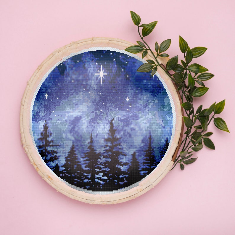 Night Forest Cross Stitch Pattern, Landscape Embroidery (PDF Download) image 3
