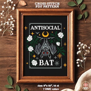 Antisocial Bat - Funny Cross Stitch Pattern PDF. Sarcastic Gothic Embroidery Chart DIY, Snarky Witchy Home Decor, Introvert Humor Gift Idea
