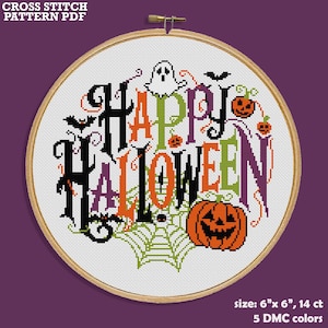 Happy Halloween Cross Stitch Pattern - Counted Spooky Cross Stitch Chart PDF - Autumn Lettering Embroidery Design - Scary Pumpkin Bat Decor