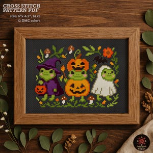 Halloween Frog Cross Stitch Pattern PDF. Funny Witch Frog, Pumpkin Stack, Ghost Halloween Embroidery for Fall Decor, Cottagecore Spooky Toad