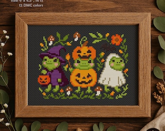 Halloween Frog Cross Stitch Pattern, Witch, Pumpkin, Ghost (PDF)