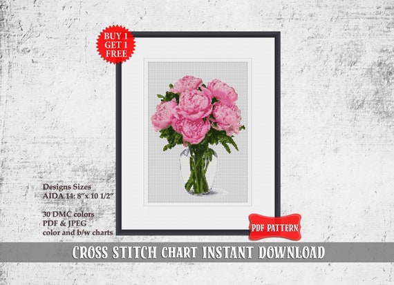Peonies cross stitch pattern Flower cross stitch PDF Flower hand embroidery design Peony needlework Point de croix Modern cross stitch decor