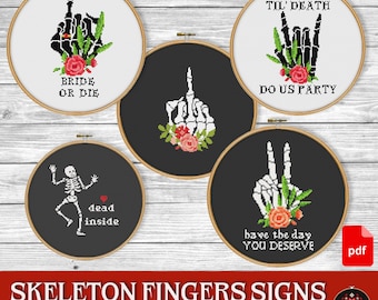 Skeleton Fingers cross stitch patterns. Sassy Funny cross stitch PDF instant download. Easy counted cross stitch chart. F*ck, Rock horn sign