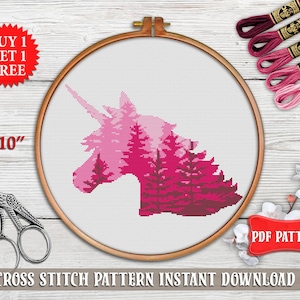 Kreuzstich Stickmuster Einhorn rosa Wald Kreuzstich Stickdatei Einhorn Mädchenzimmer Deko Stickbild Stickbild Kreuzstich Stickrahmen PDF