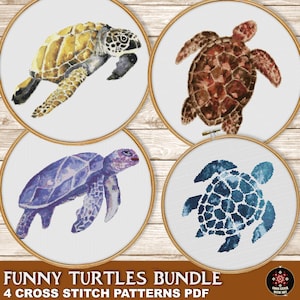 Turtle cross stitch patterns bundle. Modern Sea animal cross stitch chart PDF. Nature-Inspired, Ocean-Themed Decor. Turtle embroidery design