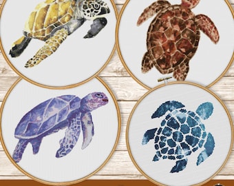 Sea Turtle Cross Stitch Patterns Bundle, Modern Ocean Decor (PDF)