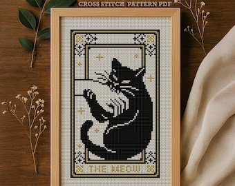 Svart katt korsstygnsmönster, tarotkort sarkastisk broderi, gåva för vildkattälskare