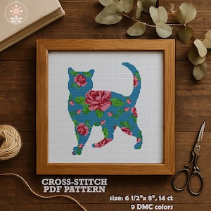 Kruissteekpatroon kat. Dierlijke kruissteek pdf. Kattenborduurwerk. Cadeau voor kattenliefhebber. Moderne telpatroon, roos x steek, natuur