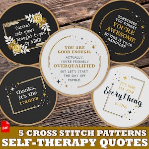 Pacchetto di divertenti schemi a punto croce per l'autoterapia - Citazioni sarcastiche, umorismo sulla salute mentale (PDF)