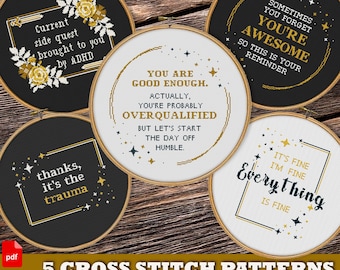 Funny Self-Therapy Cross Stitch Patterns Bundle – Sarcastic Quotes Mental Health Humor (PDF)